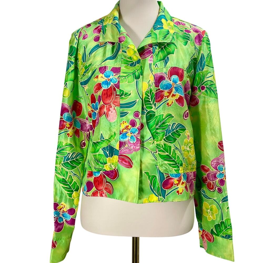 Vintage 90s Tropical Silk Cardigan Topper Boxy Maximalist Open Front Sze Medium